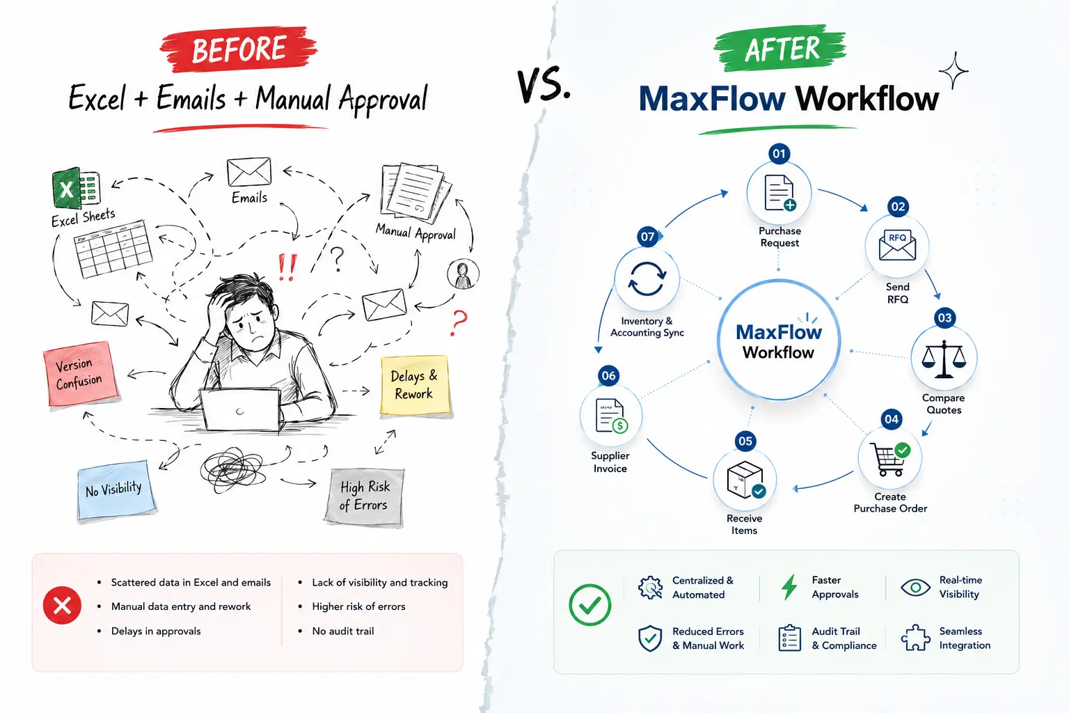 Procurement management system comparison between ERP and manual purchasing